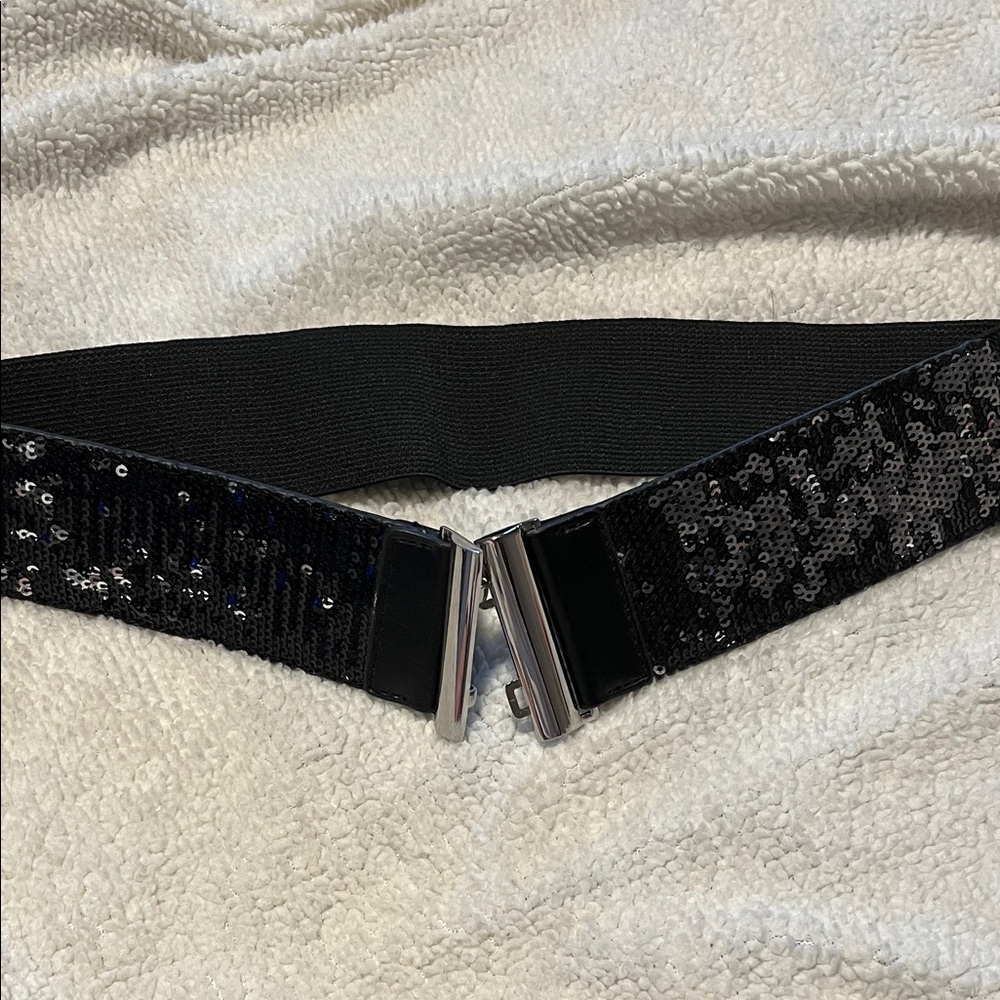 BCBGMaxazaria XS Black Sequin Stretch Belt Silver Buckle Glam Accessory